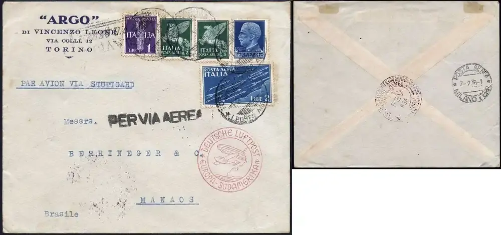 Beliebt | Briefmarken 923 Katapult 1936 Italien Brief Turin Via Stuttgart Manaos Brazil Catapult 438 /