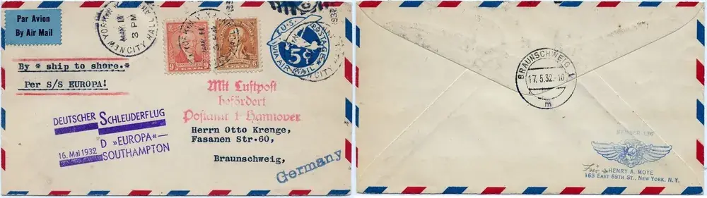Zertifiziert | Briefmarken 1087 Katapult 1932 USA Brief Landpost NY City Hall Braunschweig Catapult H 78 a/