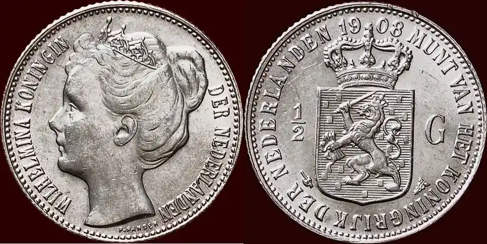Koninkrijk der Nederlanden ½ Gulden 1908 NEDERLAND (NETHERLANDS, KINGDOM) – WILHELMINA, 1890-1948 – unz prachtexemplaar met de volle stempelglans. - Deal