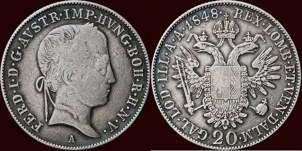 20 Kreuzer HABSBURG EMPIRE – AUSTRIA / ÖSTERREICH – FERDINAND I, 1835-1848 – 1848 A, Wien f / ss à ss- | Markenqualität