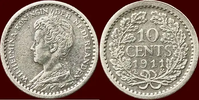 Sale - Koninkrijk der Nederlanden 10 Cents 1911 NEDERLAND (NETHERLANDS, KINGDOM) – WILHELMINA, 1890-1948 – zfr+ à zfr / vz