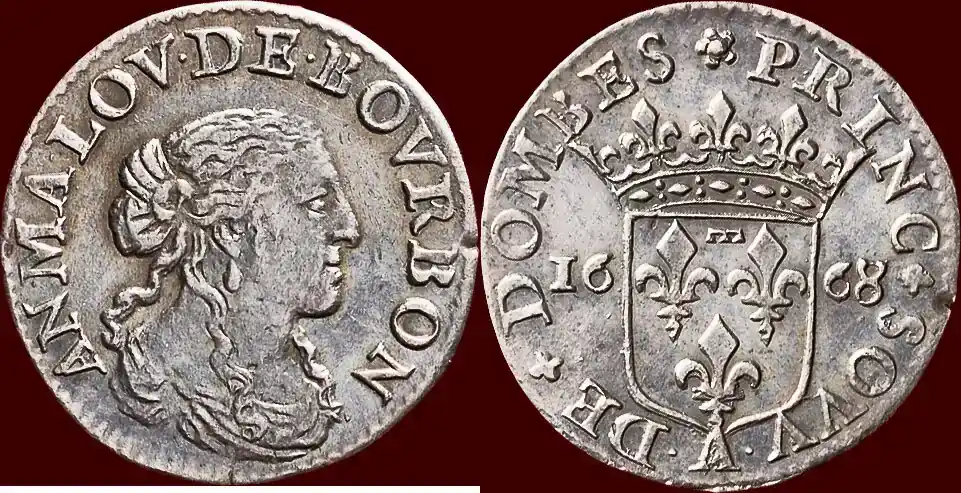 1/12 Ecu 1668 A FRANCE – DOMBES, PRINCIPALITY – ANNE MARIE LOUISE DE ORLÉANS, 1650-1693 – de 5 sols (Luigino) 1668A, Trévoux ss / vz - Sehr gefragt