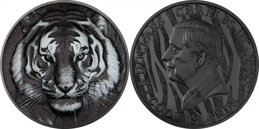 Nur solange der Vorrat reicht - 5 Dollars TIGER Black and White 1 Oz Silver Coin 5 Cook Islands 2025 Obsidian Black PP