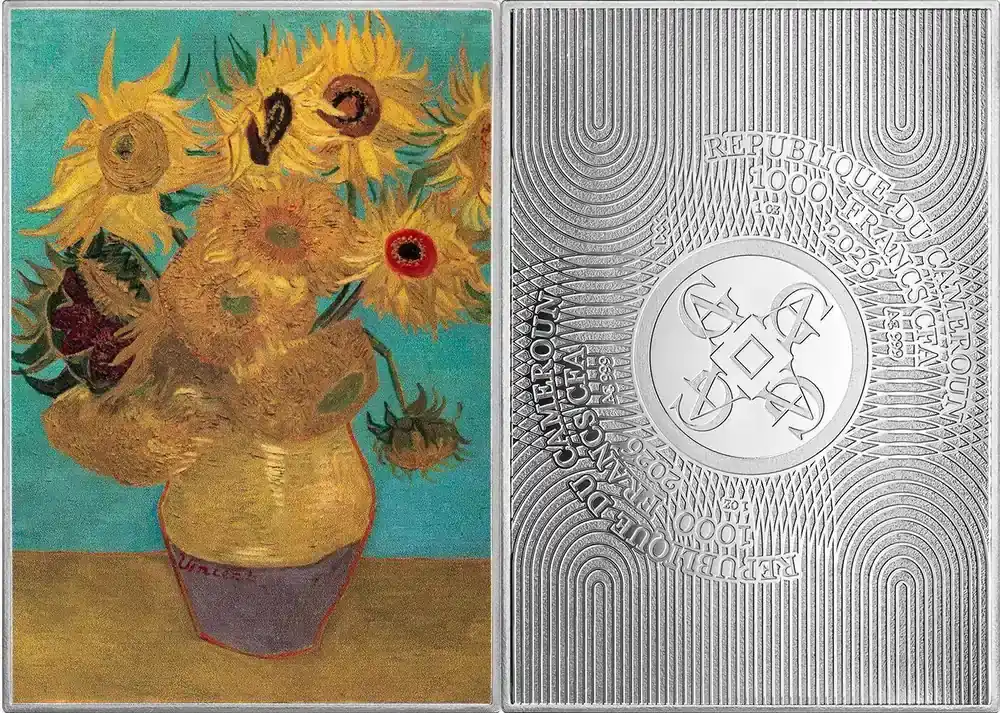Versandbereit - SUNFLOWERS Van Gogh 1 Oz Silver Coin 1000 Francs Cameroon 2026 PP