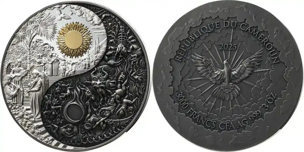 Geprüfte Qualität - HEAVEN & HELL Versus 3 Oz Silver Coin 3000 Francs Cameroon 2026 Antique Finish