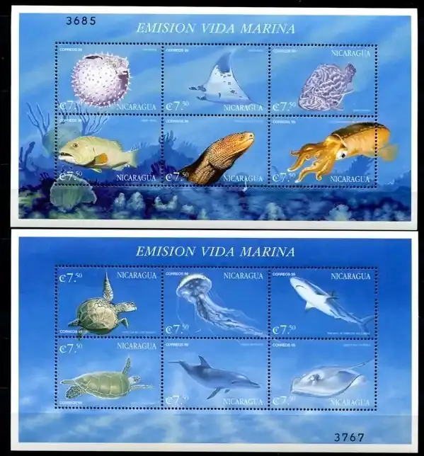 Nur heute | Briefmarken 305-306 n. Chr. Nicaragua 2000 Meerestiere Fische Wale Seeschildkröte 4160-4175 Block 305-306
