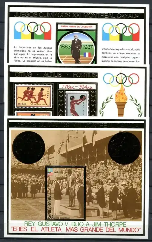 Preis gesenkt | Briefmarken 88-90 n. Chr. Nicaragua 1975 Olympiade Montreal 1976 de Coubertin Gold Block 88-90 MNH