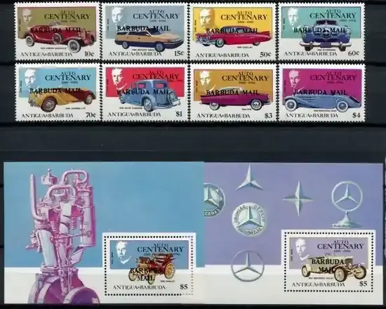 Briefmarken 934-941 n. Chr. Barbuda 1987 Oldtimer Automobile Cars 934-941 Block 118-119 MNH | Neue Ware