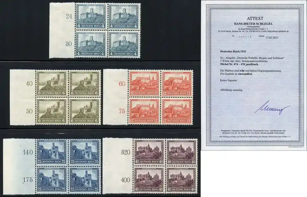 Briefmarken 478 Rand 474-478 n. Chr. Dt. Reich 1932 Nothilfe 474- Blocks/4 Luxus Fotoattest Schlegel BPP / 8 | Preishit
