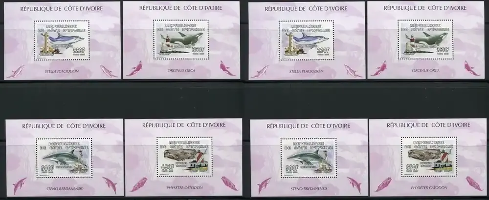 Markenqualität - Briefmarken 74-77 n. Chr. Elefenbeinküste 2005 Leuchttürme Lighthouses Whales Wale Delfine Block 74-77 MNH