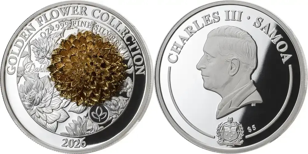 Neu hinzugefügt | 5 Dollars DAHLIA Golden Flower Collection 1 Oz Silver Coin 5 Samoa 2026 PP