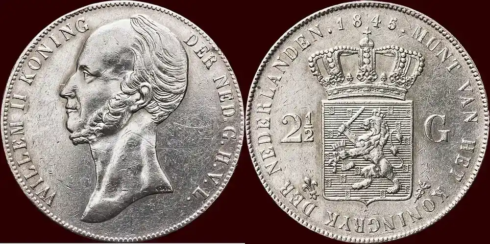 Nur begrenzt verfügbar | Koninkrijk der Nederlanden 2 ½ Gulden 1845 NEDERLAND (NETHERLANDS, KINGDOM) – WILLEM II, 1840-1849 – ss / vz
