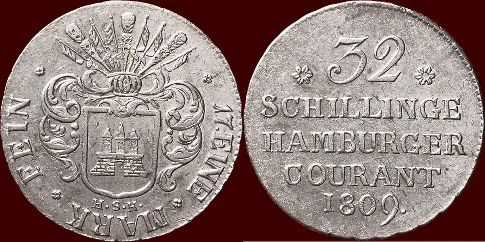 Brandneu | 32 Schilling 1809 GERMANY – HAMBURG, FREIE HANSESTADT – FRENCH OCCUPATION – HSK vz
