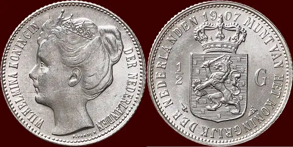 Koninkrijk der Nederlanden ½ Gulden 1907 NEDERLAND (NETHERLANDS, KINGDOM) – WILHELMINA, 1890-1948 – Zeer minieme contactpoortjes, doch subliem unz | Sehr gefragt