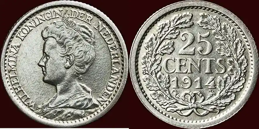 Online bestellbar | Koninkrijk der Nederlanden 25 Cents 1914 NEDERLAND (NETHERLANDS, KINGDOM) – WILHELMINA, 1890-1948 – vz / vz+