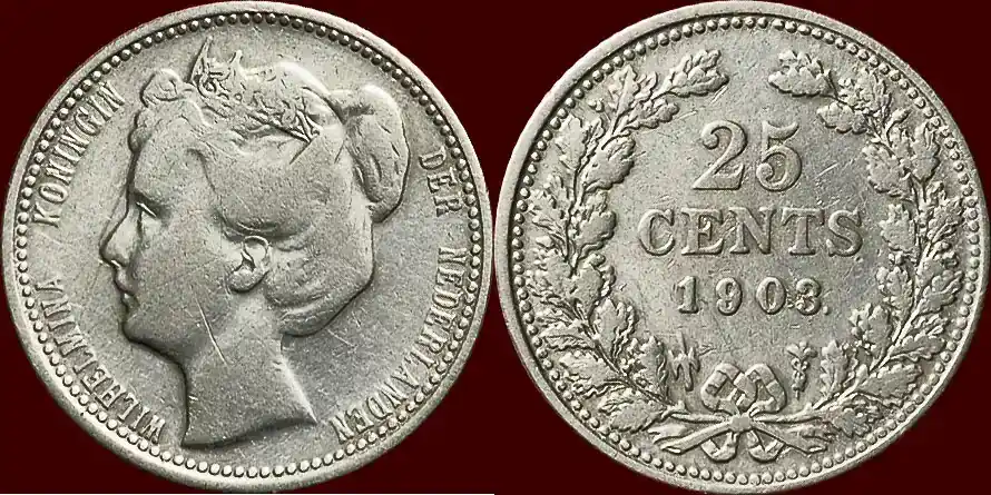 Koninkrijk der Nederlanden 25 Cents 1903 NEDERLAND (NETHERLANDS, KINGDOM) – WILHELMINA, 1890-1948 – s / ss à ss- | Profi-Qualität