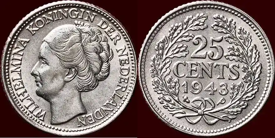 Koninkrijk der Nederlanden 25 Cents NEDERLAND (NETHERLANDS, KINGDOM) – WILHELMINA, 1890-1948 – 1943 P, Philadelphia unz- / unz | Angebot