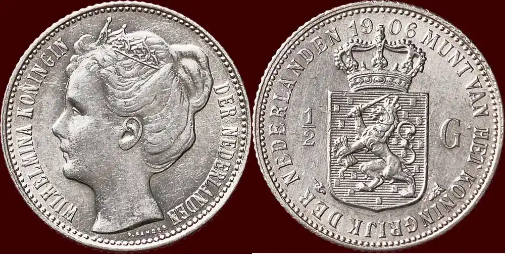 Koninkrijk der Nederlanden ½ Gulden 1906 NEDERLAND (NETHERLANDS, KINGDOM) – WILHELMINA, 1890-1948 – unz- exemplaar met veel stempelglans. | Schnäppchen