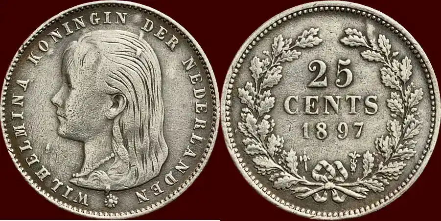 Koninkrijk der Nederlanden 25 Cents 1897 NEDERLAND (NETHERLANDS, KINGDOM) – WILHELMINA, 1890-1948 – zfr-/zfr - Extra sparen