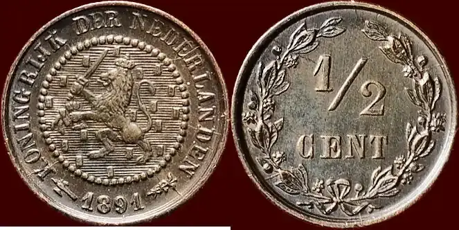 Preishit | Koninkrijk der Nederlanden ½ Cent 1891 NEDERLAND (NETHERLANDS, KINGDOM) – WILHELMINA, 1890-1948 – vz- / vz+