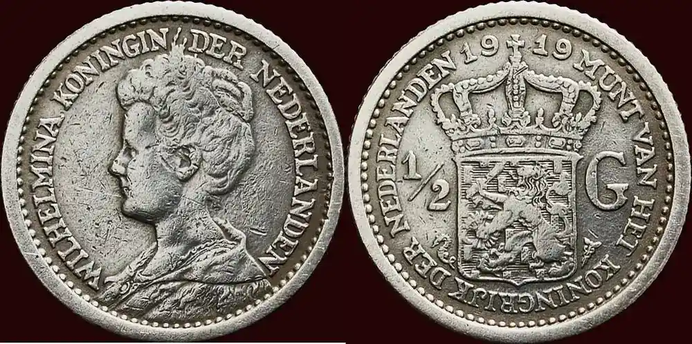 Sonderaktion - Koninkrijk der Nederlanden ½ Gulden 1919 NEDERLAND (NETHERLANDS, KINGDOM) – WILHELMINA, 1890-1948 – zfr-/zfr