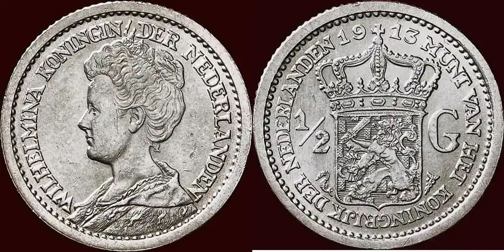 Premium | Koninkrijk der Nederlanden ½ Gulden 1913 NEDERLAND (NETHERLANDS, KINGDOM) – WILHELMINA, 1890-1948 – unz- / unz