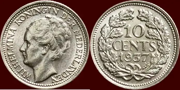 Sehr beliebt - Koninkrijk der Nederlanden 10 Cents 1937 NEDERLAND (NETHERLANDS, KINGDOM) – WILHELMINA, 1890-1948 – unz