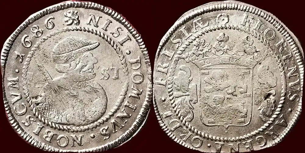 Sonderangebot | 14 stuiver NOORDELIJKE NEDERLANDEN (NETHERLANDS) – REPUBLIEK, 1581-1795 – FRIESLAND – ½ Florijn van 1686, Leeuwarden doch unz- exemplaar met de originele muntkleur.