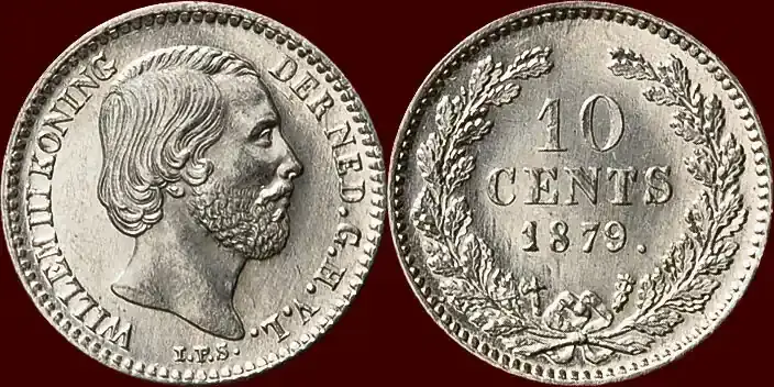 Koninkrijk der Nederlanden 10 Cents 1879 NEDERLAND (NETHERLANDS, KINGDOM) – WILLEM III, 1849-1890 – minieme contactspoortjes, doch unz prachtexemplaar - Versandbereit