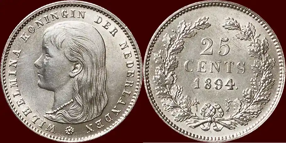 Nur heute - Koninkrijk der Nederlanden 25 Cents NEDERLAND (NETHERLANDS, KINGDOM) – WILHELMINA, 1890-1948 – 1894/1 minieme contactspoortjes, doch unz exemplaar met de volle stempelglans