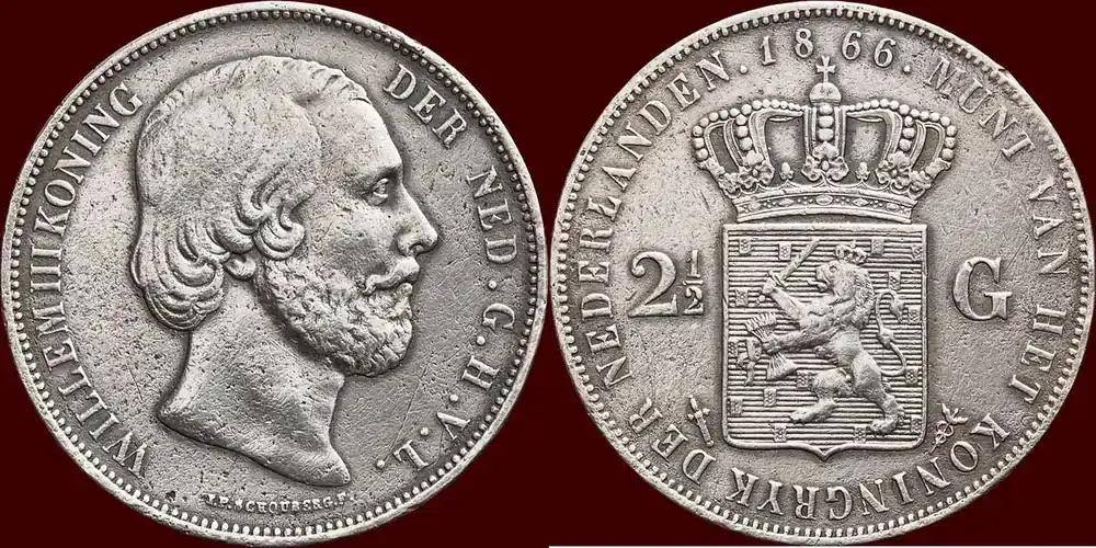 Koninkrijk der Nederlanden 2 ½ Gulden 1866 NEDERLAND (NETHERLANDS, KINGDOM) – WILLEM III, 1849-1890 – s / ss - Wochenendangebot