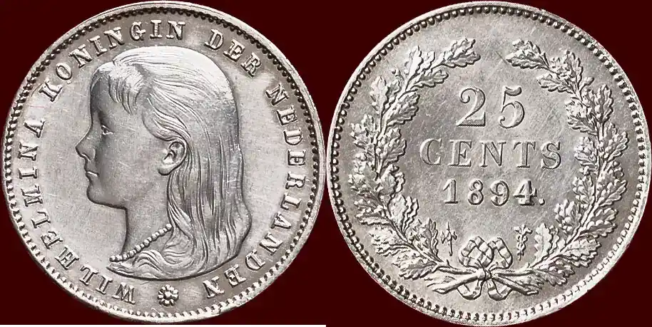 Reduziert - Koninkrijk der Nederlanden 25 Cents NEDERLAND (NETHERLANDS, KINGDOM) – WILHELMINA, 1890-1948 – 1894/1 vz / unz