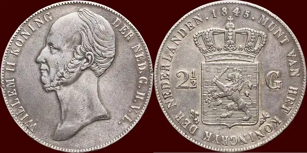 Koninkrijk der Nederlanden 2 ½ Gulden 1840-1849 NEDERLAND (NETHERLANDS, KINGDOM) – WILLEM II, – 1845 – PAREL ss - Super-Preis