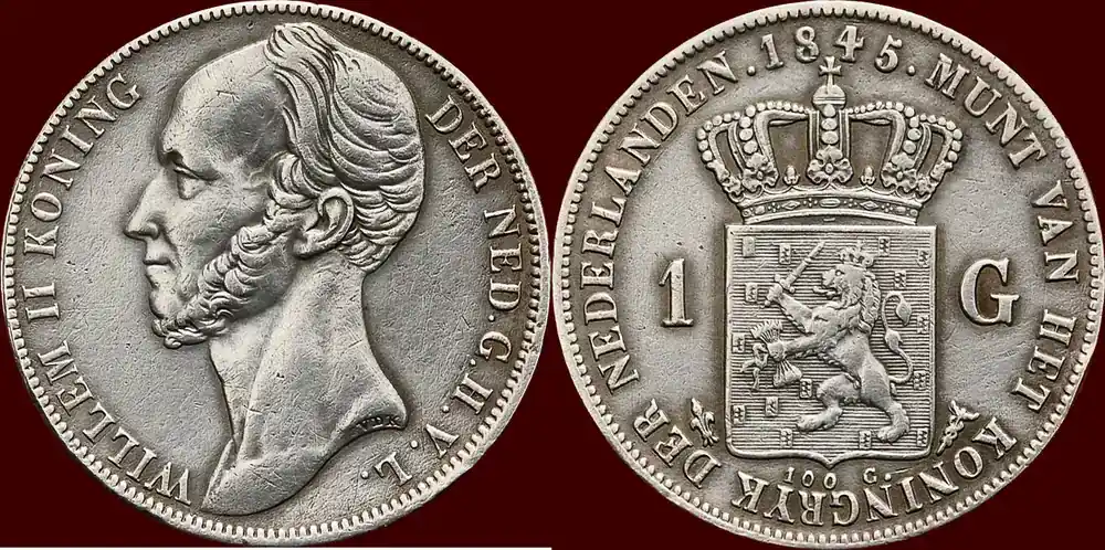 Koninkrijk der Nederlanden 1 Gulden 1840-1849 NEDERLAND (NETHERLANDS, KINGDOM) – WILLEM II, – 1845 – STREEP ss à ss+ - Versandbereit