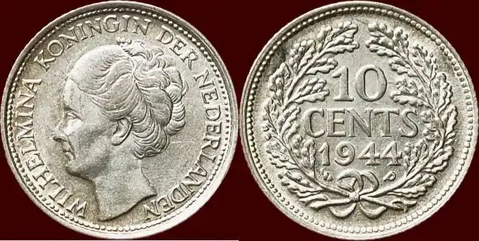 Zertifiziert | Koninkrijk der Nederlanden 10 Cents NEDERLAND (NETHERLANDS, KINGDOM) – WILHELMINA, 1890-1948 – 1944 P, Philadelphia unz