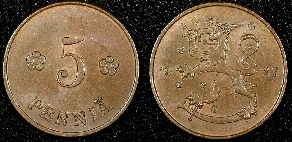 Hammerpreis | FINLAND Copper 1927 5 Penniä KEY DATE UNC Toned KM 22 (24 009) unz