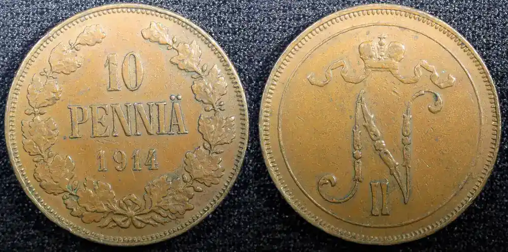Begrenztes Angebot - Finland Nicholas II Copper 1914 10 Penniä Mintage-605,000 KM 14 (23 035) Uncertified