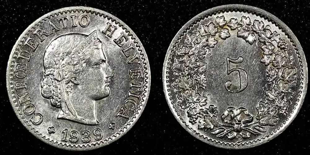 Hammerpreis - 5 Rappen SWITZERLAND Nickel 1939 B UNC/BU KM 26b (23 984) unz