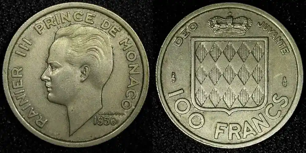 100 Francs MONACO Rainier III 1956 Paris Mint XF Toned KM 134 (24 164) Uncertified - Sehr gut bewertet