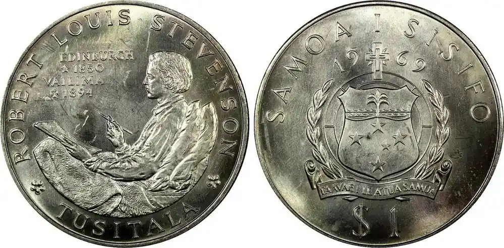 1 Tala SAMOA 1969 Death of Robert Louis Stevenson 38.8mm ch.UNC Toned KM 8 (71) unz - Letzte Chance