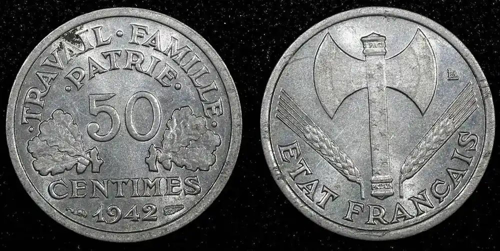 50 Centimes France Aluminum 1942 WWII Issue KM 914.1 (24 975) Uncertified | Herstellerpreis