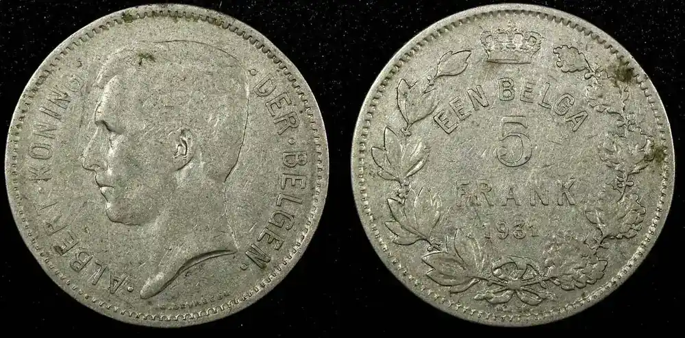 Heute bestellen | 5 Francs BELGIUM Albert I 1931 Position A 31mm KM 97.1 (24 858) Uncertified