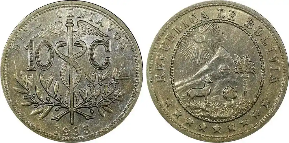 Sehr gefragt - 10 Centavos BOLIVIA Copper-Nickel 1935 aUNC KM 179.1 (25 010)