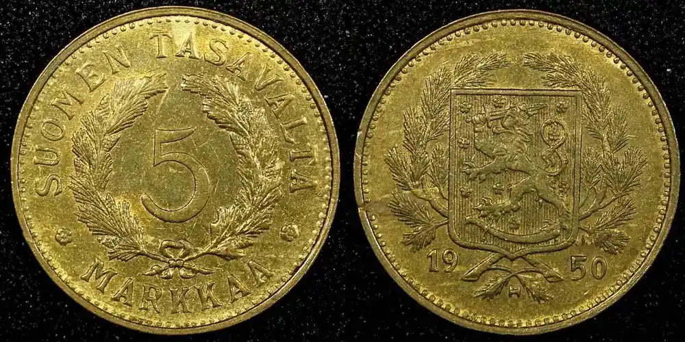 Sicher bezahlen | 5 Markkaa Finland Brass 1950 H 23mm UNC KM 31a (24 085) unz