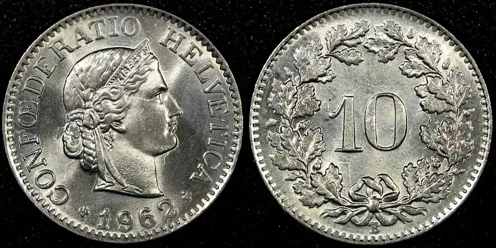 Neu | 10 Rappen Switzerland Copper-Nickel 1962 B UNC / BU KM 27 (24 070) unz