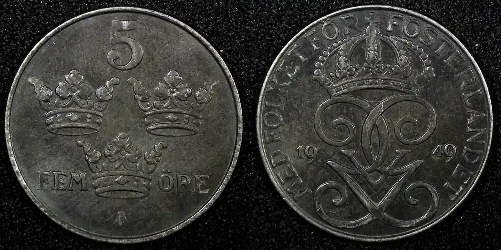 Extra sparen | 5 Öre Sweden Gustaf V Iron 1949 aUNC KM 812 (24 095)
