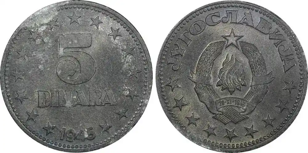 5 Dinara Yugoslavia Zinc 1945 WWII Issue 26.5mm 1 Year Type UNC KM 28 (24 482) unz | Bestpreis
