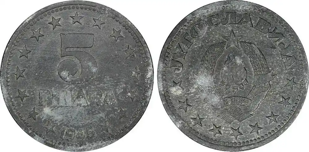 5 Dinara Yugoslavia Zinc 1945 WWII Issue 26.5mm 1 Year Type KM 28 (24 480) Uncertified | Qualitätsprodukt