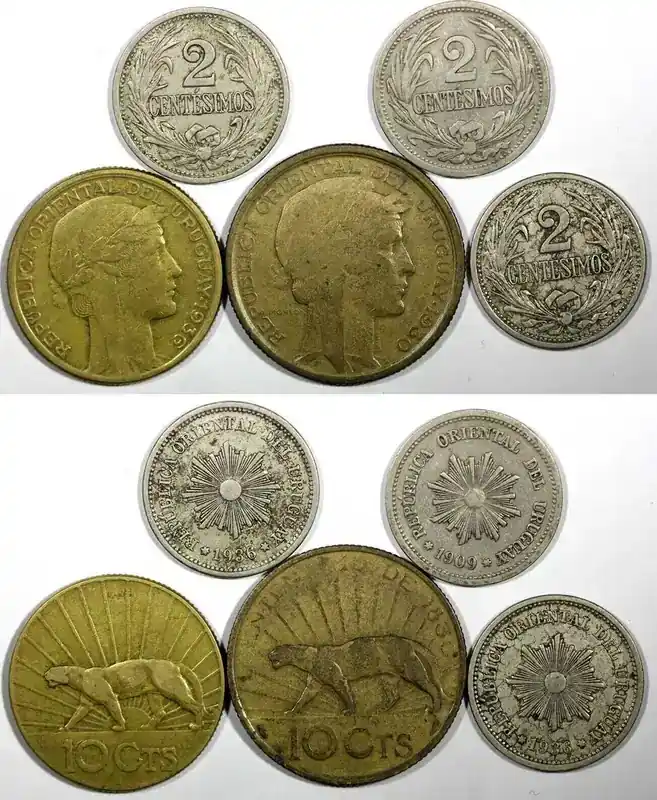 Sehr gefragt - 10 Centesimos URUGUAY LOT OF 5 COINS 1909-1936 . 2 Centesimos.F-XF Condit. (785) Uncertified