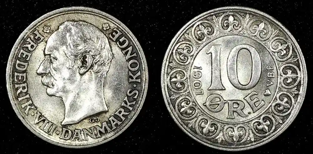 Jetzt neu - DENMARK Frederik VIII Silver 1907 VBP; GJ 10 Ore UNC KM 807 (24 719) unz